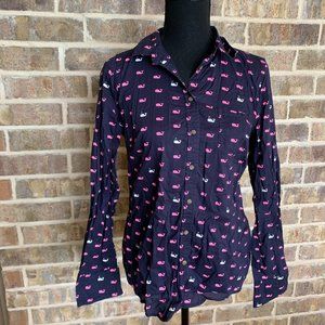 Merona women's whale printed button up blouse size small dark blue long sleeve